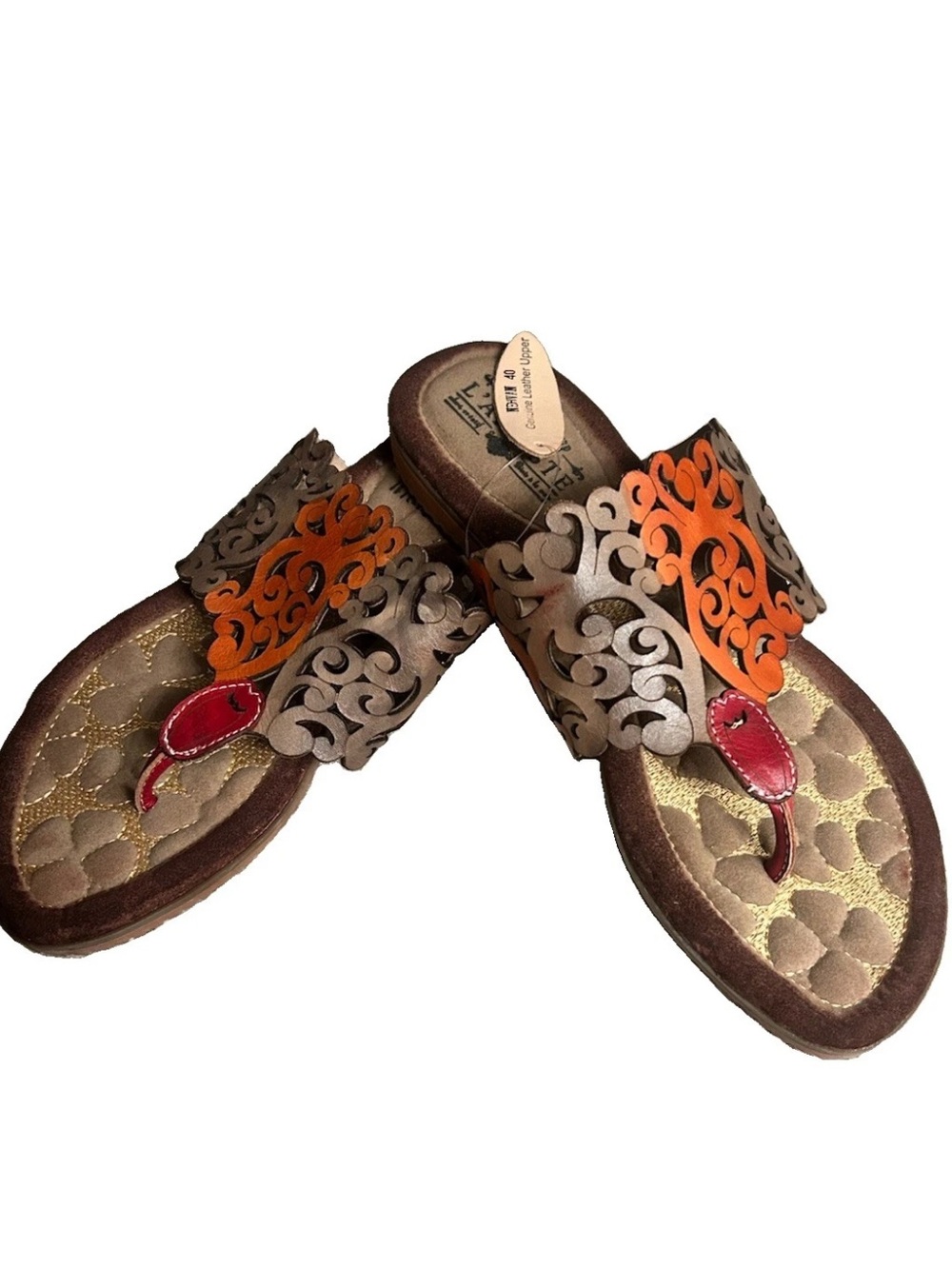 L’Artiste bronze & Orange Laser-Cut Leather Thong Sandals Sz 40